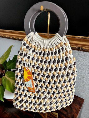Beaded Shoulder Bag in Cream & Brown NWT